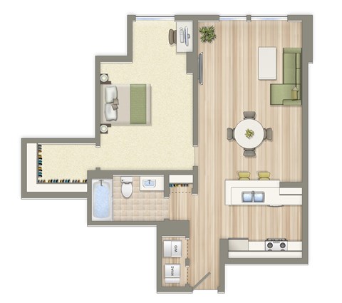 Floor plan for 1 bed, 1 bath, 727 sqft